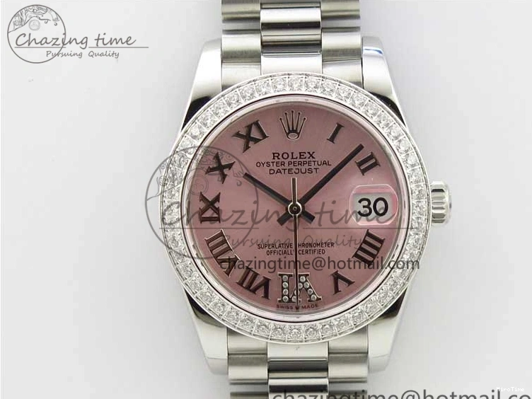 MiroTime 0402 Datejust 31mm 278275 SS Crystal Bezel BP Maker Best Edition Pink Roman Dial Crystal @6 on SS President Bracelet Contemporary 3082